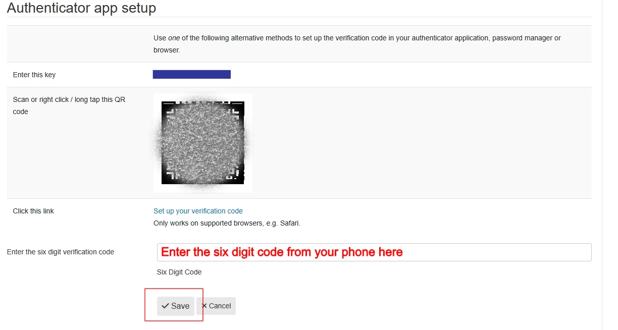 visual page instructions for saving 2FA setup 